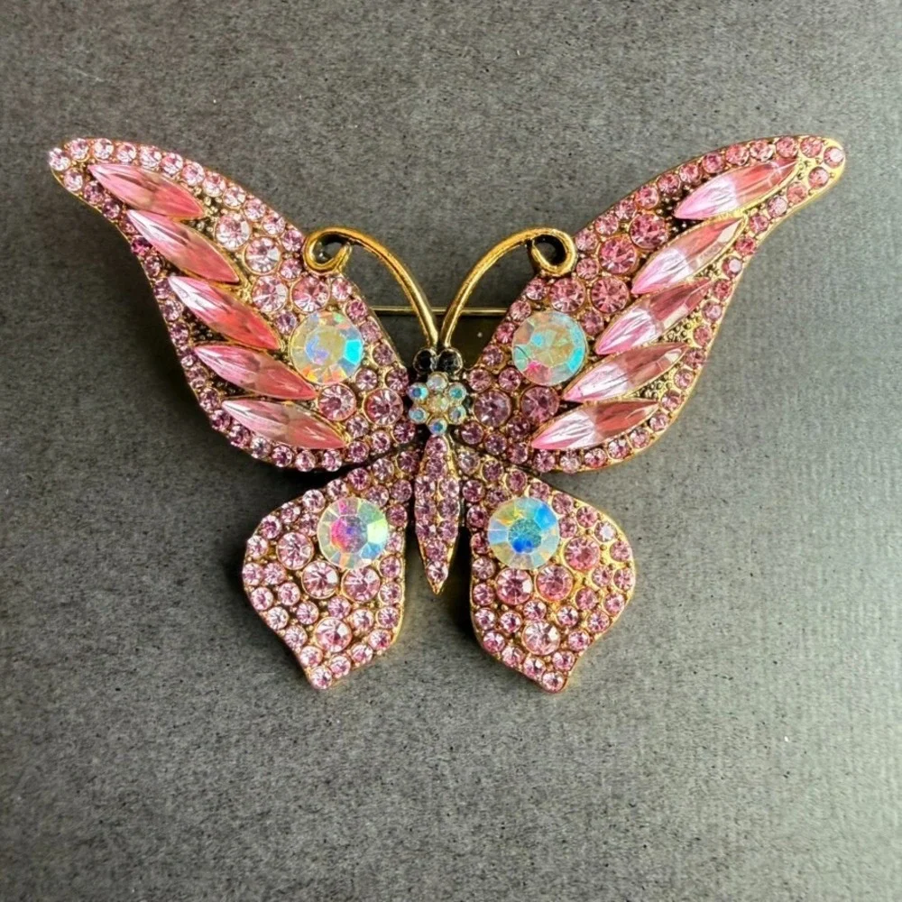 Pink Rhinestone Butterfly Brooch Pin AB Iridescent Gold Tone Statement Jewelry